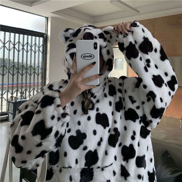 

medium korean 2020 new and long dairy cow plush thickened hairy sweater student hooded loose female, Black