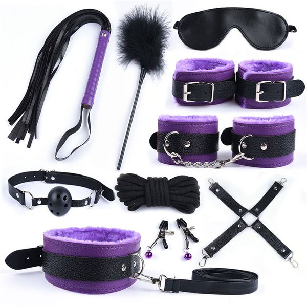 10 Pz / set Giocattoli erotici per adulti Manette Morsetti per capezzoli Frusta Gag di Bdsm, Maschera sessuale, Corda, Collare Bdsm Bondage Y201118