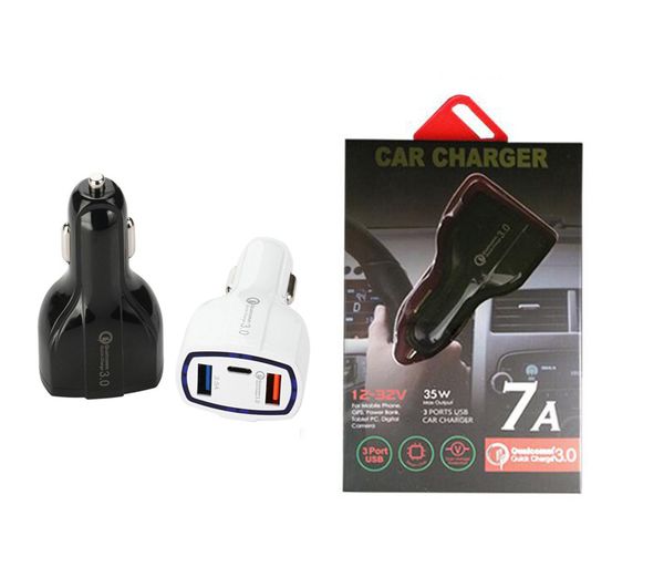 Caricabatteria per auto di tipo C 3 porte USB ricarica rapida rapida Adattatore di alimentazione automatico Caricabatterie per auto 35W 7A per ipad iPhone 12 11 Pro Max X XS XR 6 7 8 Plus