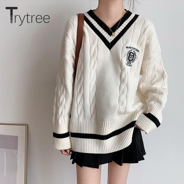 

trytree 2020 autumn winter woman sweater casual v-neck preppy style sweater embroidery badge 2 colors elastic knitted women, White;black