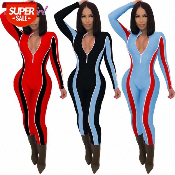 

women spring jumpsuits casual color patchwork zipper v neck long sleeve night party jumpsuits outfit sportwear tracksuit rompers #df4h, Black;white