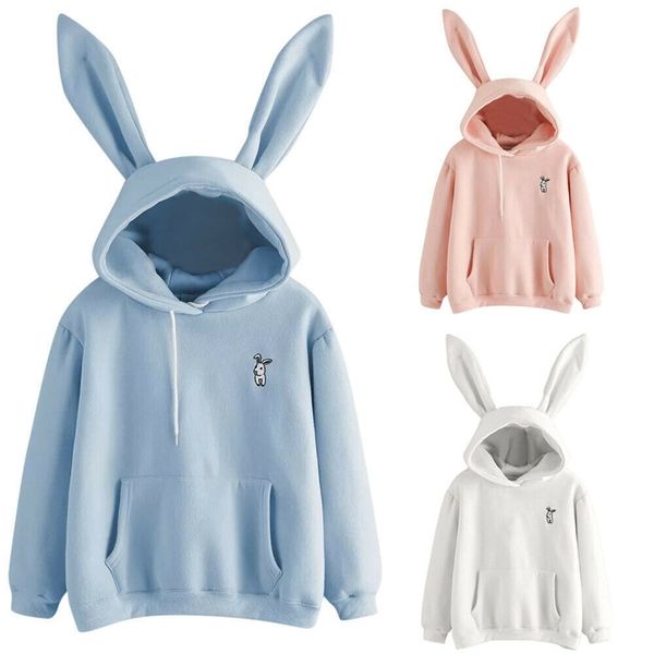 

fashion womens long sleeve cute rabbit hoodie sweatshirt pullover blouse t200525, Black