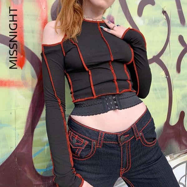 

missme off shoulder y2k cropped black t-shirts long sleeve o-neck gothic harajuku shirts for women1, White