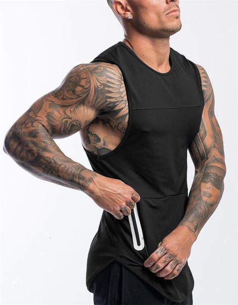 

2021 summer brand fitness tank men bodybuilding gyms clothing fitness men shirt slim mesh pocket zipper sports tank top, Black;blue