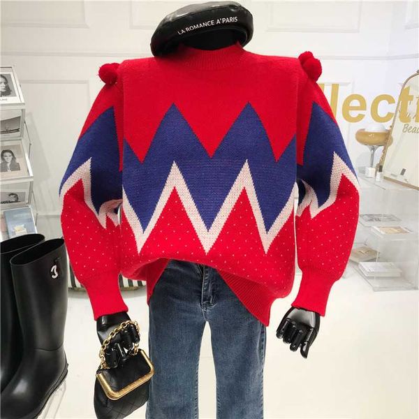 

women's sweaters niche design smallhairball decoration wave dot contrast knitted sweater woman winter wtyle wetro pullover wrint top, White;black
