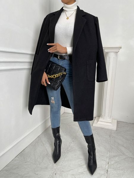 

lapel neck pocket patched belted overcoat f1ep#, Black