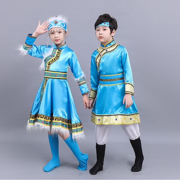 

children show serve ethnic minority clothing mongolia clothing male girl mongol ethnic minority gown tibetan clothes, Black;red