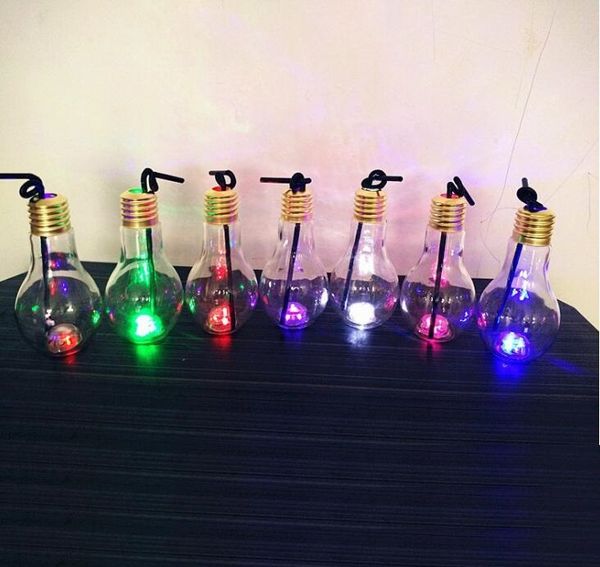 

new light bulb beverage bottle milk tea bottle plastic juice drink bottle creative luminescence cup with straw drinkware tools 9063