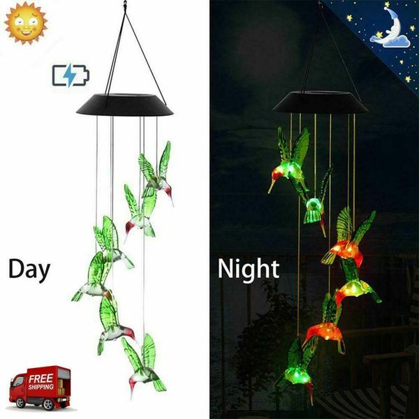 

solar powered hummingbird wind chime color-changing led light yard garden decor