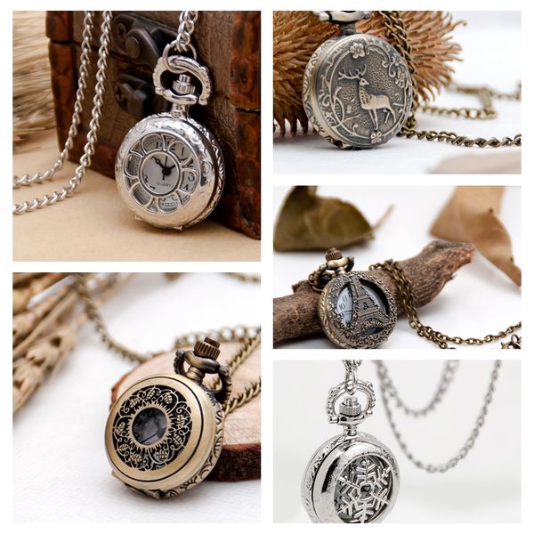 50PCS 27MM Novo pequeno relógio de bolso de girassol de aço branco colar de joias de bronze vintage atacado edição coreana suéter corrente relógio de moda