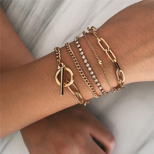 

5pcs/set boho crystal charm bracelets set bangle women men vintage goth curb cuban chain bracelets fashion jewelry new year gift, Black