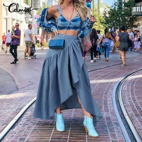 

celmia fishtail skirts womens autumn fashion irregular hem skirt causal loose party solid maxi skirt high waist plus size skirts1, Black