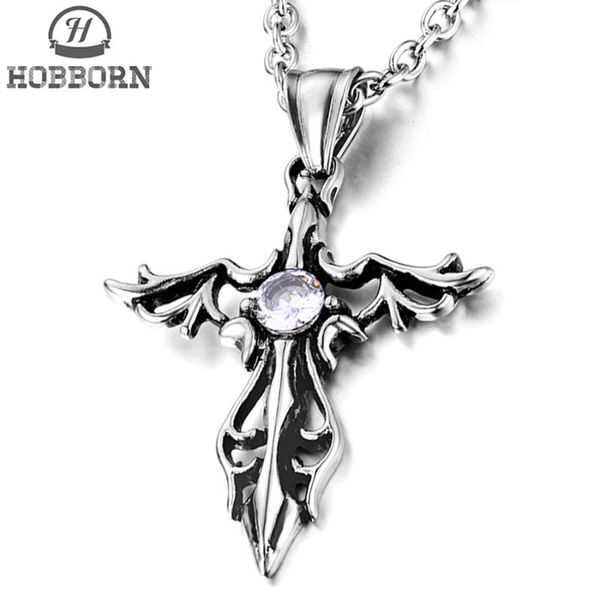 

pendant necklaces hobborn classic women cross titanium steel cubic zirconia creative angel wing pendants men necklace gift, Silver