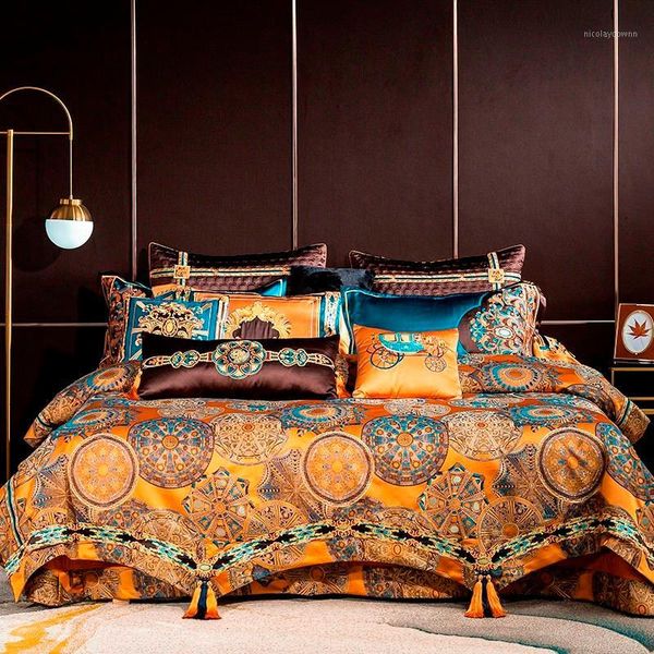 

chic home 4/6/10pcs place faux silk luxury large jacquard with embroidery golden bedding set duvet cover bedspread bed sheet set1