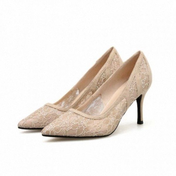 

classics women pumps shoes women pointed toe summer high heels 8cm breathable wedding shoes nightclub lace female #x24y, Black