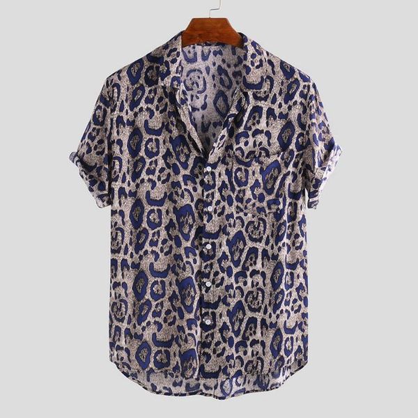 

mens leopard printed chest pocket shirt turn collar short sleeve casual loose shirt summer loose buttons male blouse #g30, White;black
