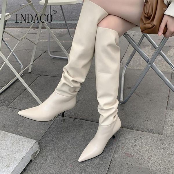 

boots plus size 43 women winter white knee high heel 7cm leather pointed toe thigh slip on botas feminina1, Black
