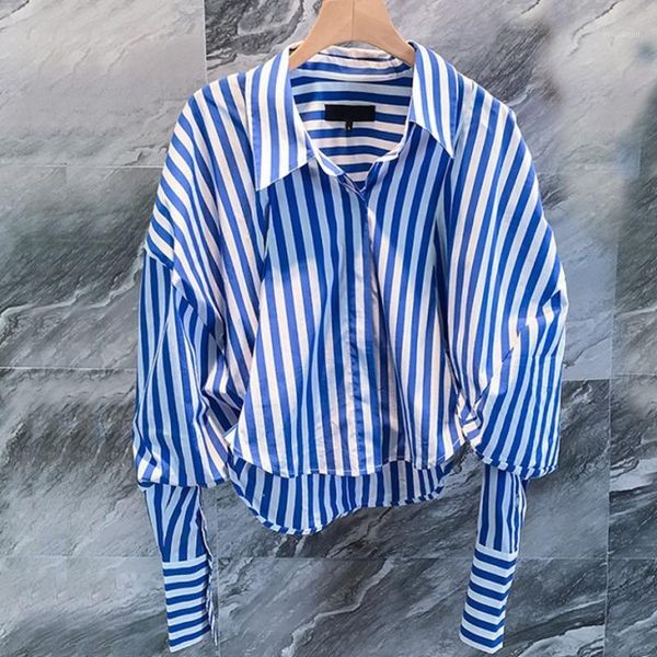 

ewq] 2020 spring summer new sweet turn-down collar puff sleeve striped contrast shirt korea loose casual women blouse qv336051, White