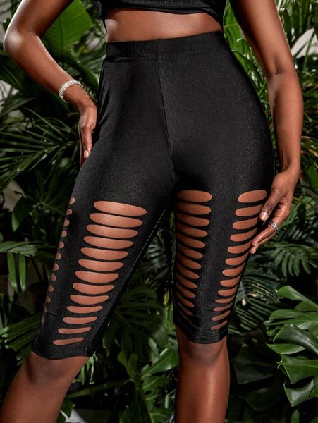 

sxy ladder cut out solid biker shorts v8gt#, Black