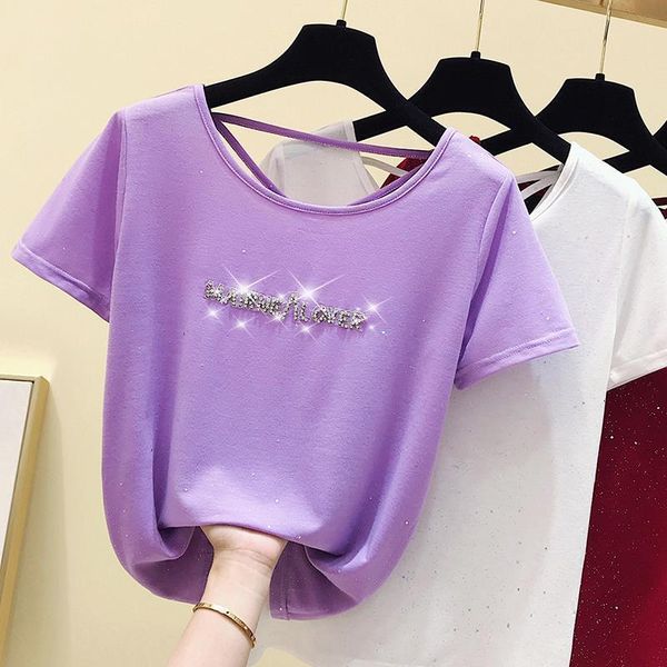 

2020 sequins diamond letter white t shirt women tshirt female summer t-shirt korean fashion purple tee shirt femme