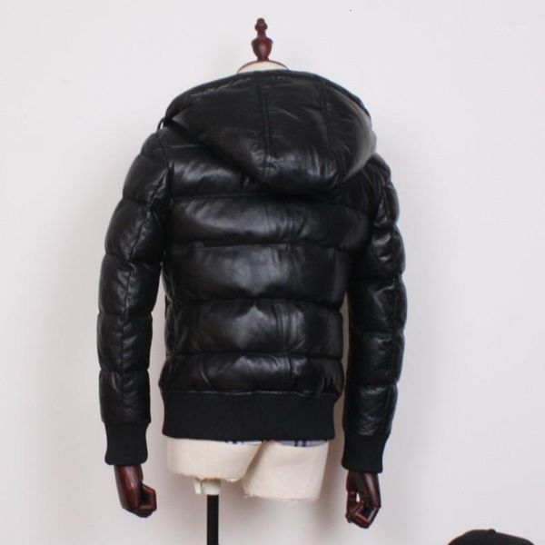 

sheepskin genuine leather white duck down coats winter thick warm hooded back slim real leather jackets casual mens1, Black