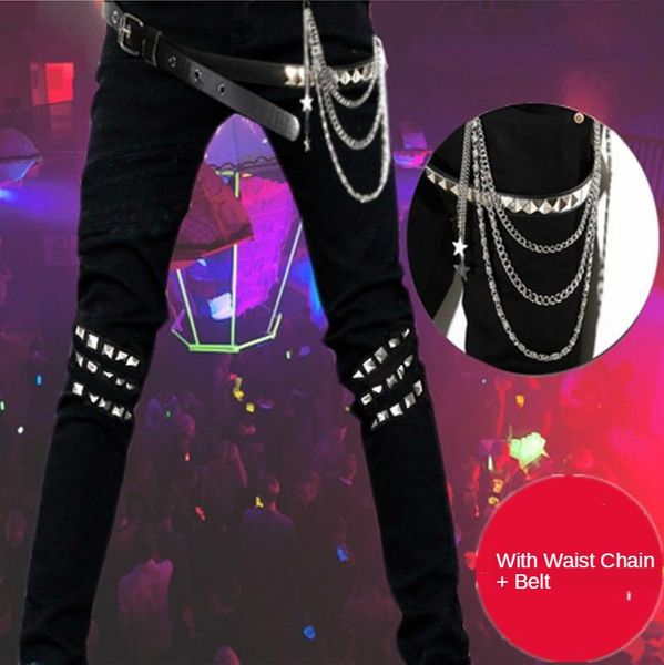

black jeans men punk zipper chain non-mainstream men's korean jeans trendy fall slim fit stretch skinny pants waist belt, Blue