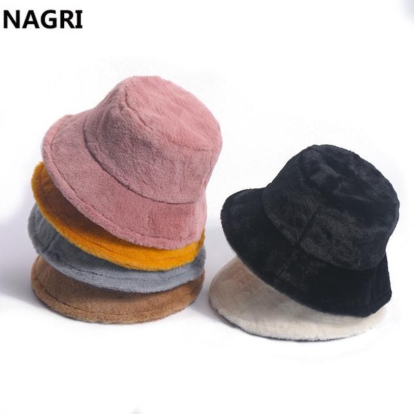 

wide brim hats winter outwear faux fur bucket solid soft plush warm fashion fishing cap panama casual fisherman bob female hat, Blue;gray