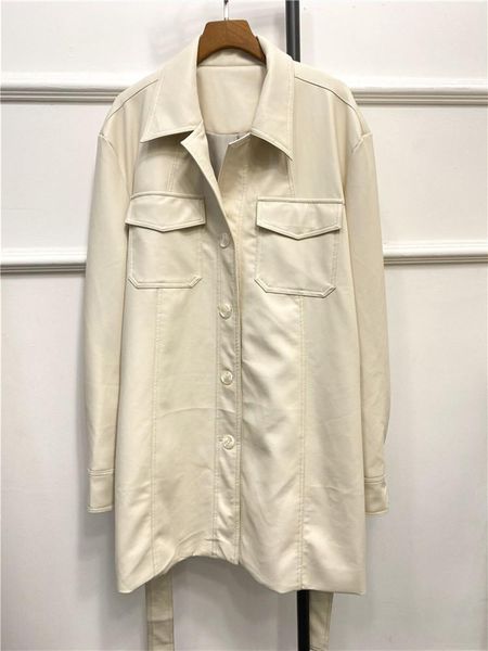 

women imitation leather coat turn-down collar single breasted long sleeve solid color lace-up jacket with sashes, Black