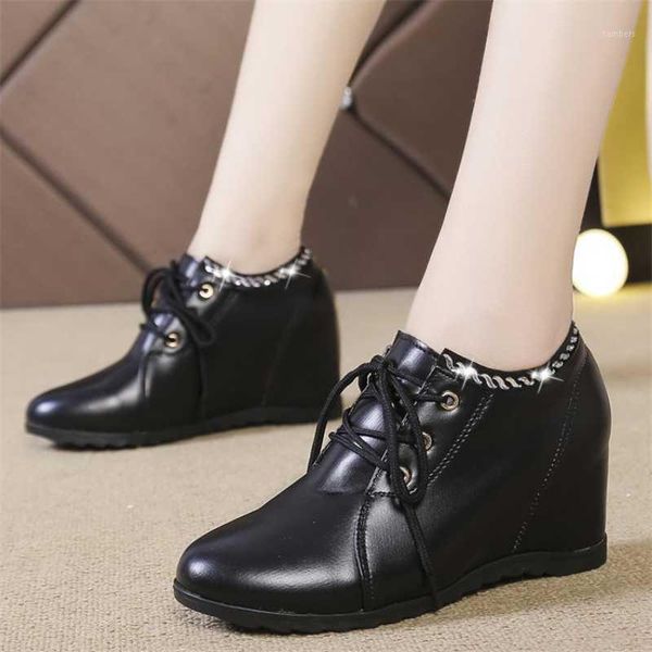 

internal increase high women shoes autumn new ladies pu leather soft comfortable female shoes leisure lace-up flats women boots1, Black