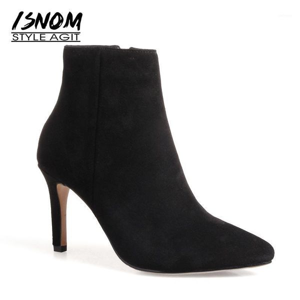 

boots isnom 2021 high heels ankle women winter pointed toe cow suede fashion warm shoes short plush footwear1, Black