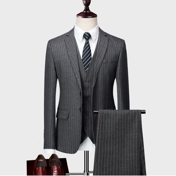 

blazers pants vest sets / 2021 spring autumn new fashion suits / men's casual business stripe 3 piece suit jacket coat trousers, White;black