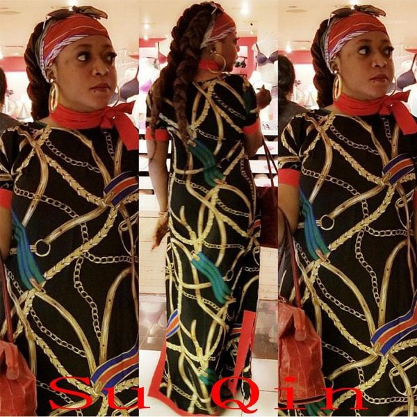 

summer maxi long dress african clothing riche robe golden chain print vestidos mujer loose sparkly dashiki dress(xfgq02#)1, Red