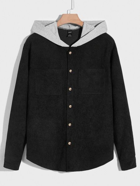 

men dual pocket color block hooded corduroy shirt v4bd#, White;black