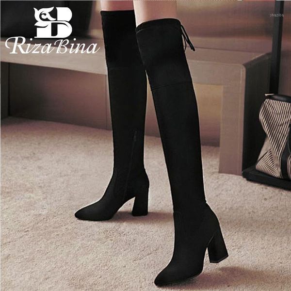 

boots rizabina thigh high women autumn winter black stretch shoes casual lace up pointed toe heel size 32-431
