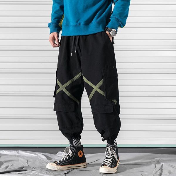 

dossan fashion multi-pockets cargo pants men harajuku hip hop streetwear pants techwear criss-cross causal loose trousers, Black