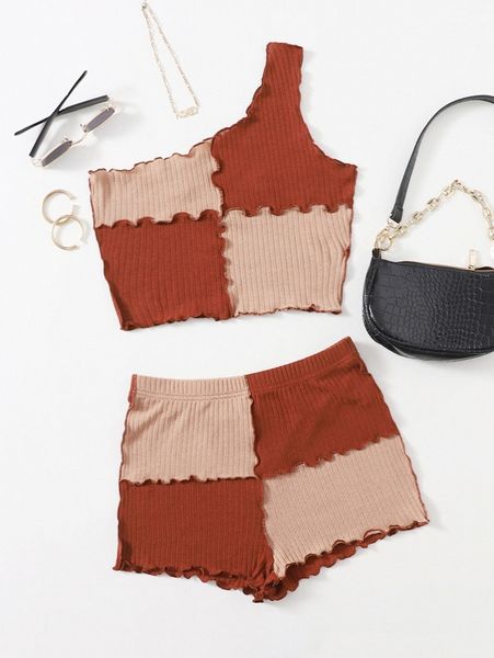 

one shoulder lettuce trim colorblock and shorts set c2ln#, White