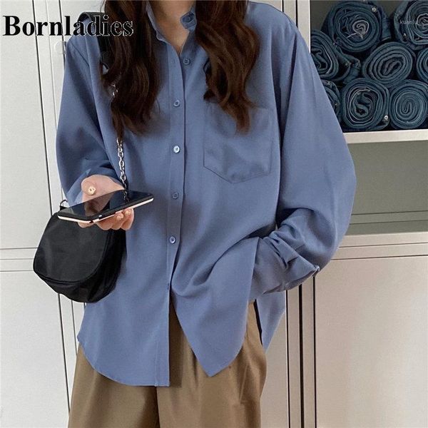 

bornladies grey-blue full sleeves solid chic office lady korean casual formal women loose minimalist gentle streetwear shirts1, White