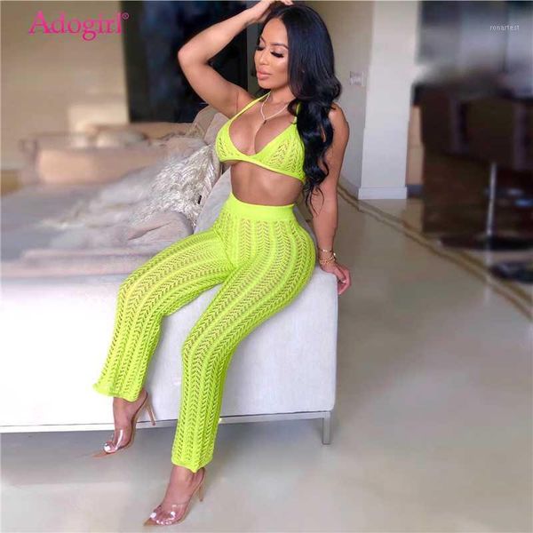 

adogirl 2019 summer fishnet knitted two piece set women see through night club suits bra pants casual beach outfits1, White
