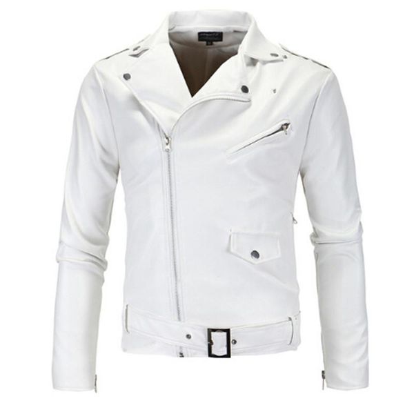 

2021 new men zipper slim fit faux leather biker jacket male winter white motorcycle leather jacket, Black