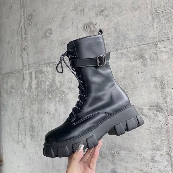 

2020 new winter women leather autumn boots block heel gothic black fashion punk style platform shoes female botas mujer #em8b