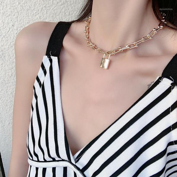 

new trend curb link chain lock necklace punk hip hop padlock pendant for women choker neck collar jewelry gift1, Golden;silver