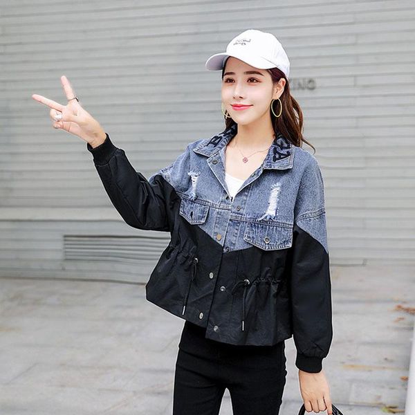 

women's denim jeans coat 2020 spring new korean-style loose long sleeve drawstring splice outerwear ladies casual jacket, Black;brown
