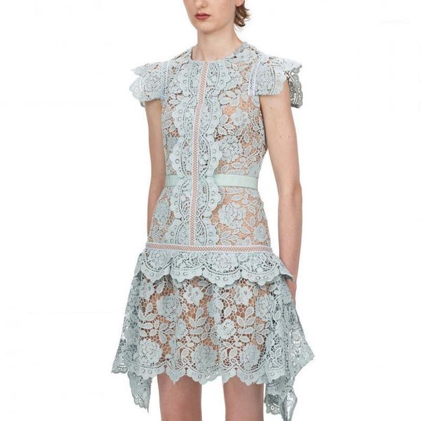 

casual dresses 2021 runway summer self portrait women sweet butterfly sleeve o-neck lace embroidered hollow out slim irregular ruffles dress, Black;gray