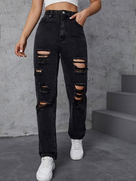 

high waist ripped frayed straight leg jeans j0sj#, Blue