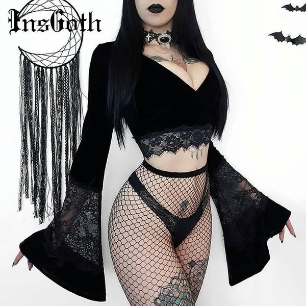 

insgoth women crop flare long sleeve lace hollow out black t-shirt gothic retro bodycon female v-neck elegant, White