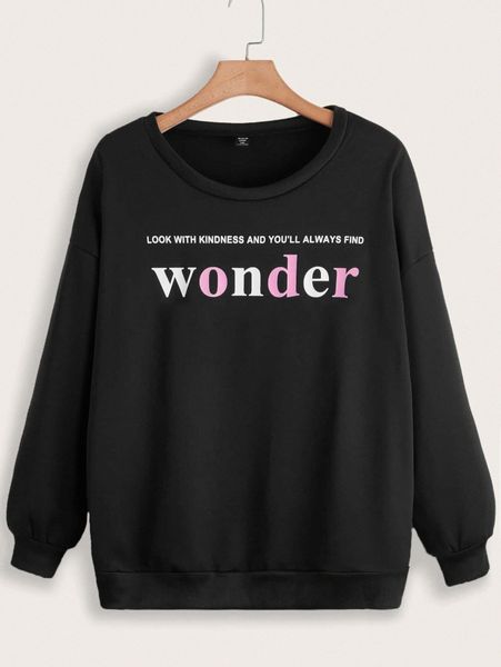 

plus slogan graphic drop shoulder pullover i18l#, Black