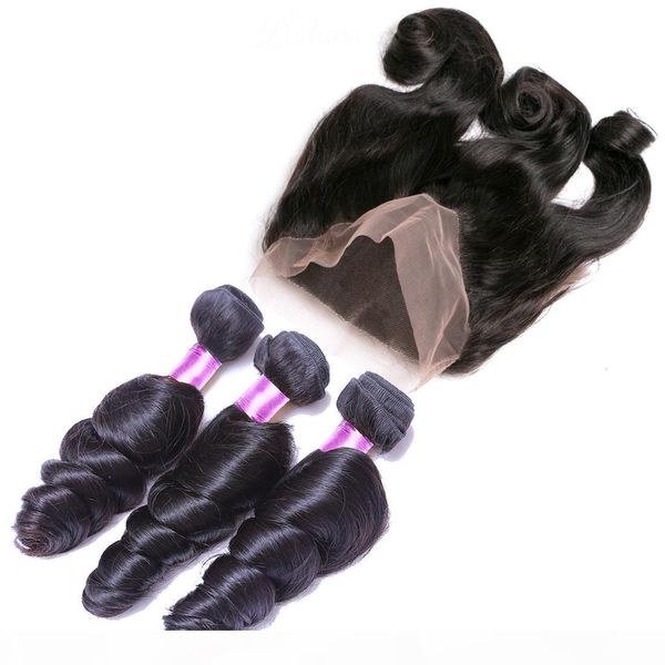 

loose wave brazilian virgin hair bundles with closures brazilian human hair loose wave 3 bundles with 360 lace frontal closure human hair ex, Black;brown