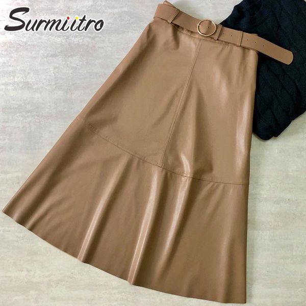 

surmiitro 2020 autumn winter women korean style pu leather black khaki high waist midi a line office skirt female with belt