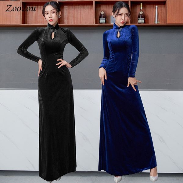 

women elegant party velvet dress evening gown autumn winter long sleeve maxi dresses prom party nightclub qipao cheongsam dress, Black;gray