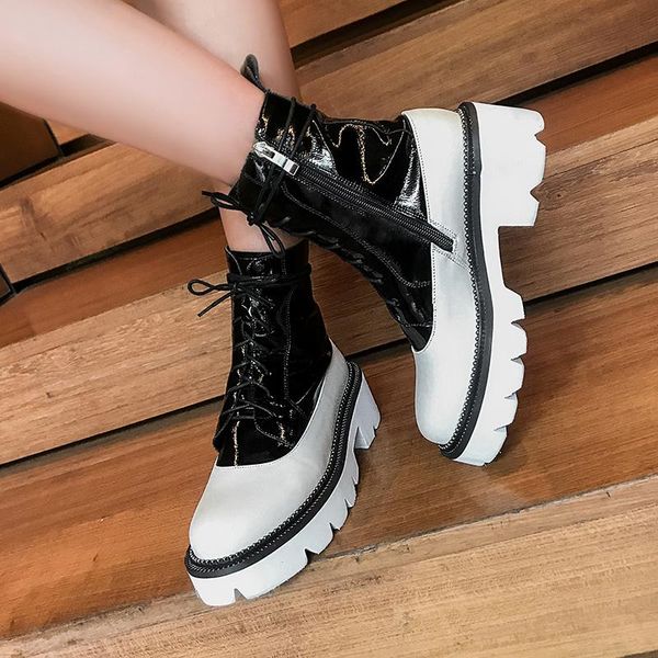 

genuine leather splicing lace low heel ankle boots elegant ladies shoes women botines mujer 2020, Black